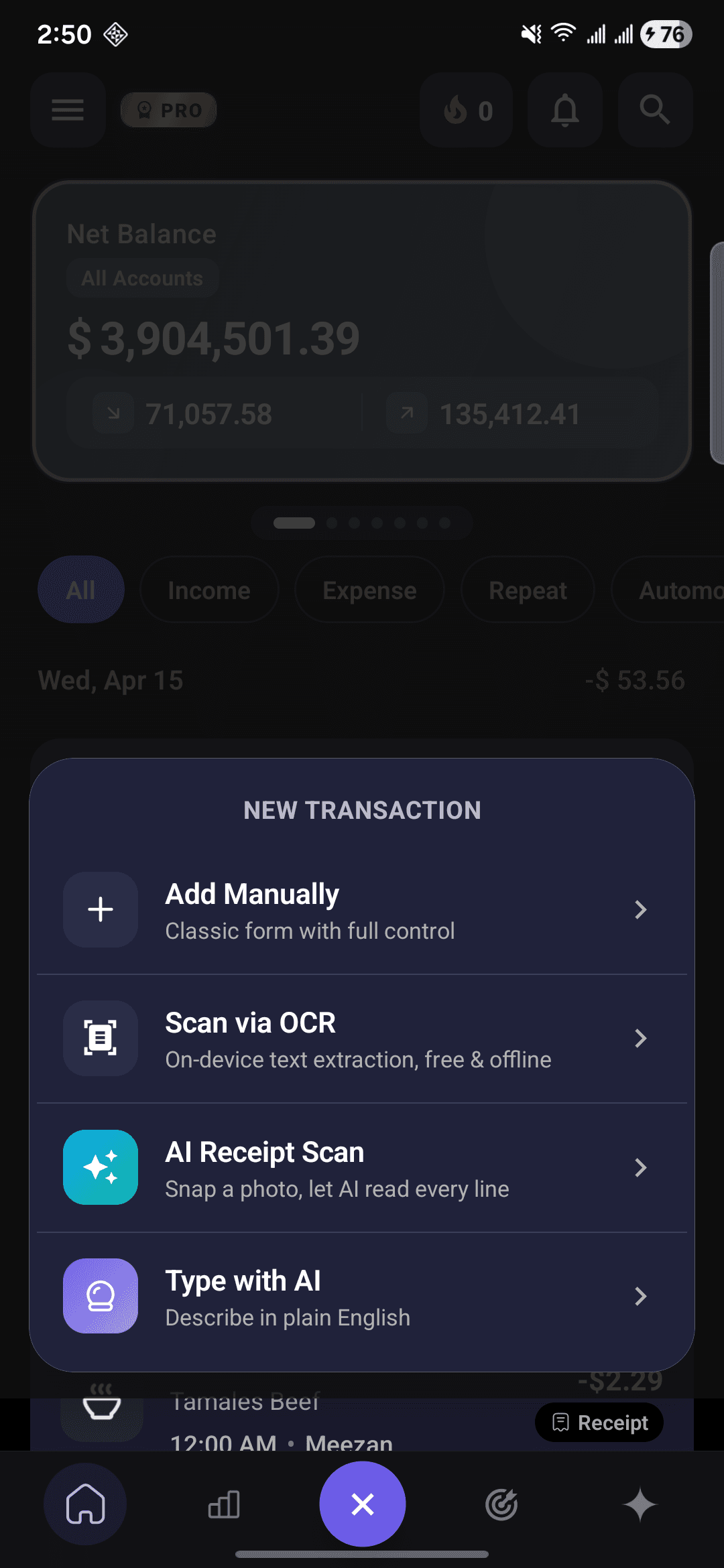 CashFlow AI home screen with AI transaction entry